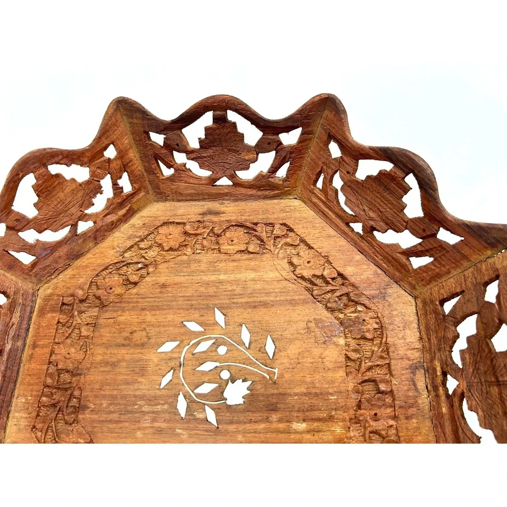 VTG Boho Floral India Folk Art Hand Carved Wood Tray Wall Hanging Octagonal  12